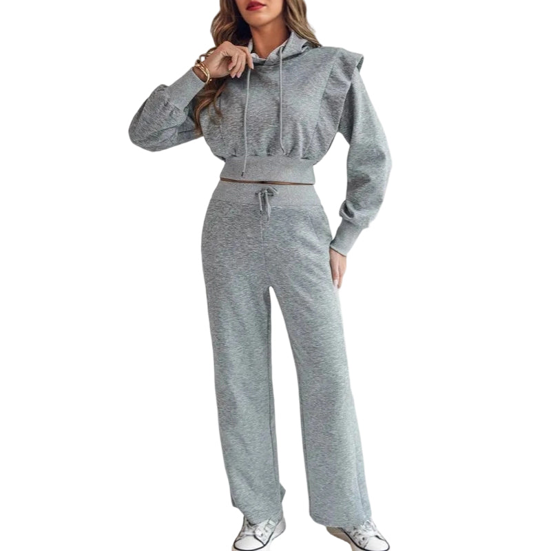 2-teiliges Rippstrick-Langarm-Crop-Top mit Weitbeinhose als abgestimmtes Lounge-Outfit