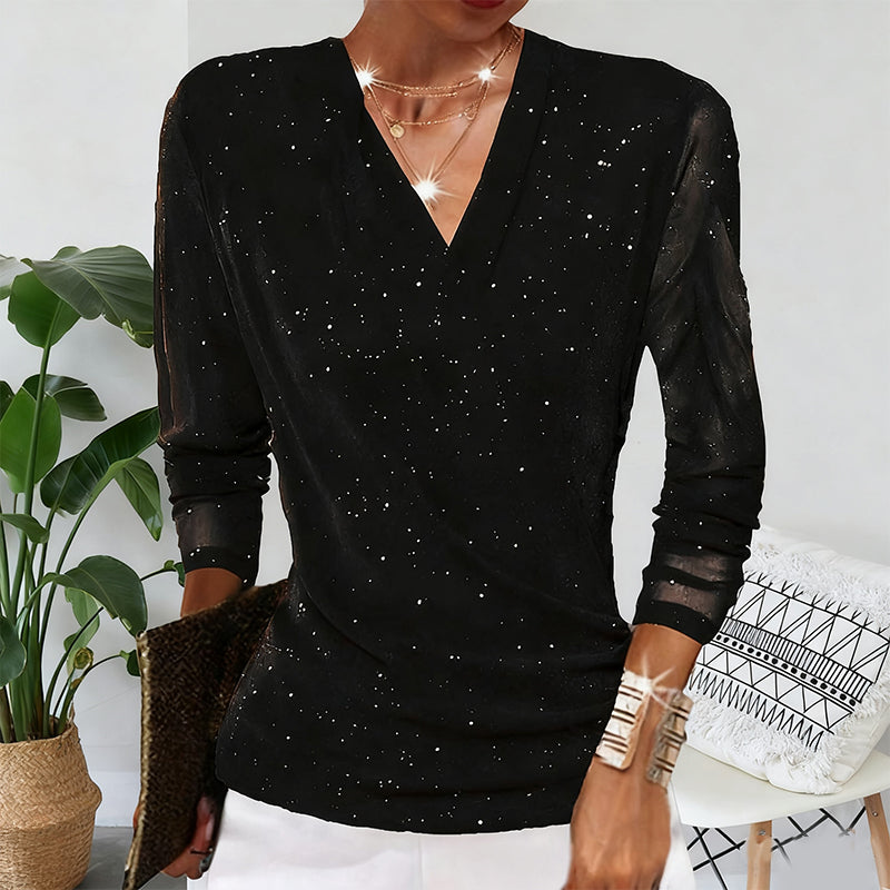 🖤 Black Friday 50% Rabatt für eine begrenzte Zeit 🔥Sparkle Crossover Damen V-Ausschnitt Langarm Top