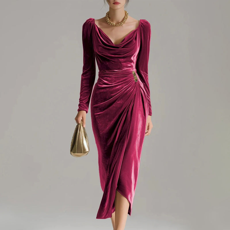 💖Black-Friday-Mega-Angebot – 50 % Rabatt!💖Velours-Schlupfkleid mit Schlitzen | Figurbetont & Elegant | Mit Langen Ärmeln und Raffungen