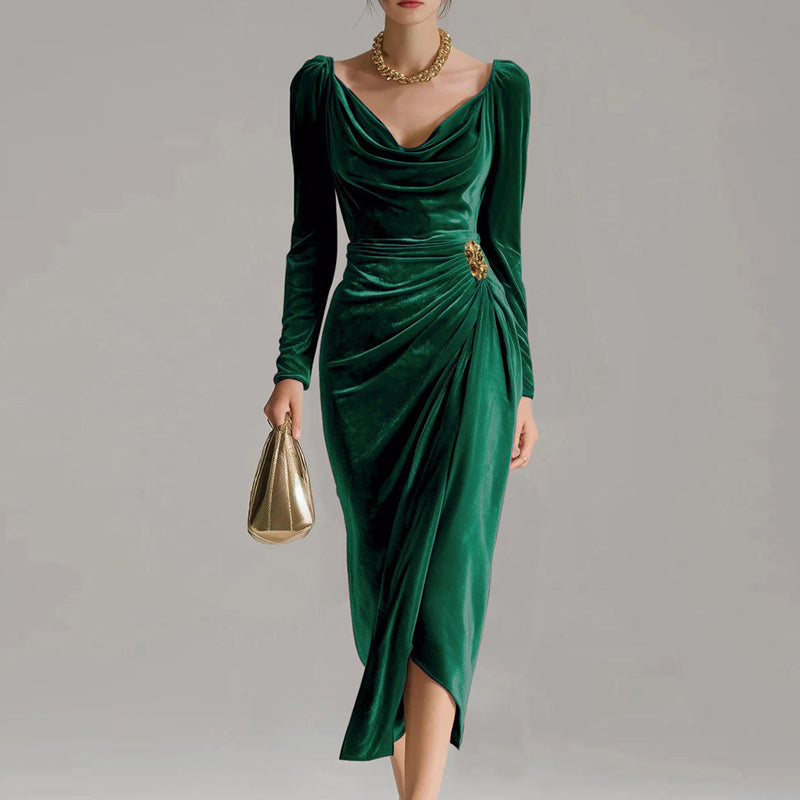 💖Black-Friday-Mega-Angebot – 50 % Rabatt!💖Velours-Schlupfkleid mit Schlitzen | Figurbetont & Elegant | Mit Langen Ärmeln und Raffungen