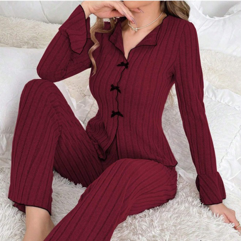 🔥Zeitlich begrenzter Tiefstpreis⚡Gestreifte Strick-Pyjama-Sets für Damen mit Reverskragen und Schleifen