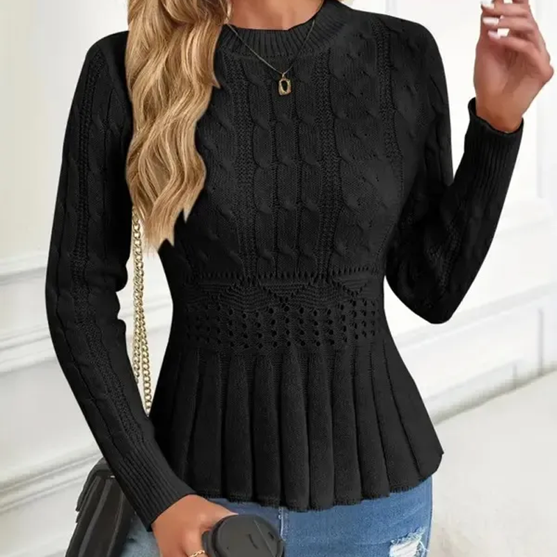 🔥Black-Friday-Mega-Angebot – 40 % Rabatt!🔥Damen Pullover mit grobem Strick, Rundhalsausschnitt und Peplum-Saum