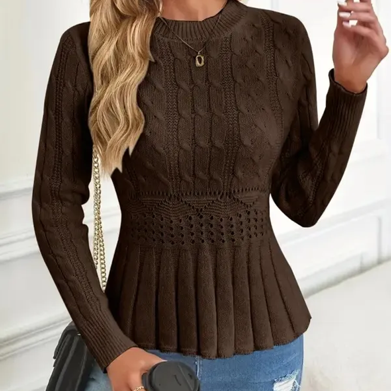 🔥Black-Friday-Mega-Angebot – 40 % Rabatt!🔥Damen Pullover mit grobem Strick, Rundhalsausschnitt und Peplum-Saum