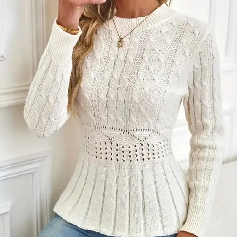 🔥Black-Friday-Mega-Angebot – 40 % Rabatt!🔥Damen Pullover mit grobem Strick, Rundhalsausschnitt und Peplum-Saum