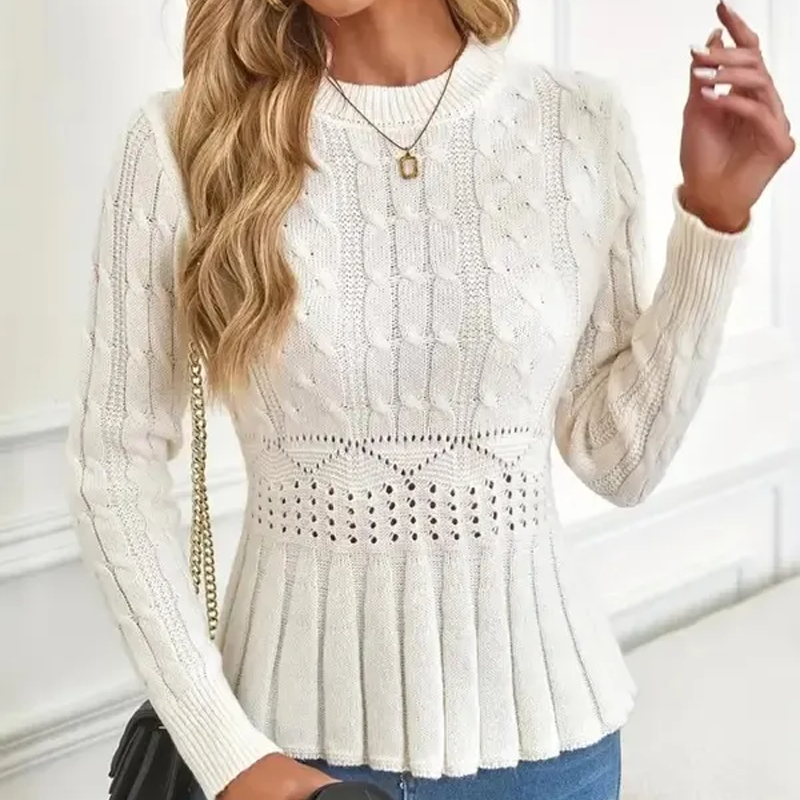 🔥Black-Friday-Mega-Angebot – 40 % Rabatt!🔥Damen Pullover mit grobem Strick, Rundhalsausschnitt und Peplum-Saum