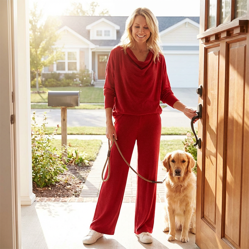 Damen zweiteiliges Set: Langarm-Oberteil mit Wasserfallkragen und Hose