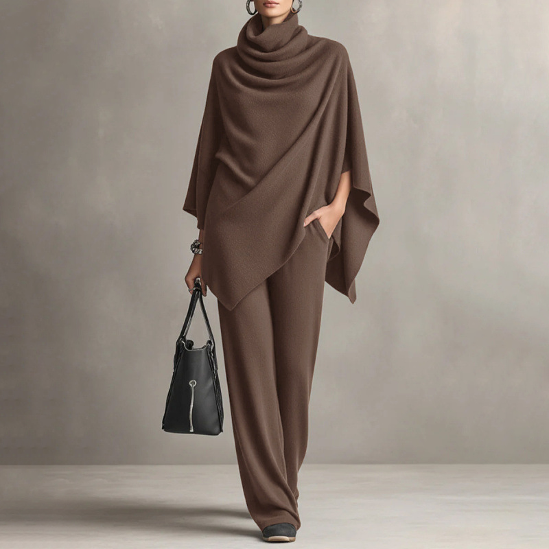 Damen-Set: Cape-Oberteil mit Wasserfallkragen & Hose mit weitem Bein