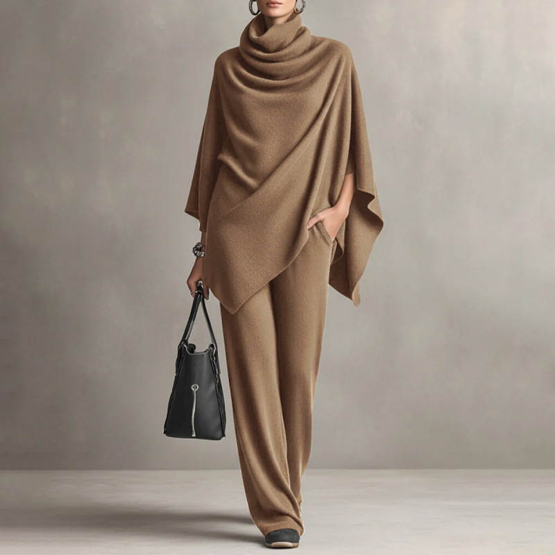 Damen-Set: Cape-Oberteil mit Wasserfallkragen & Hose mit weitem Bein