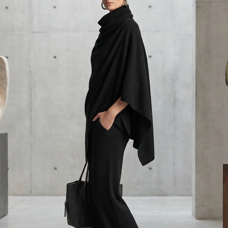Damen-Set: Cape-Oberteil mit Wasserfallkragen & Hose mit weitem Bein