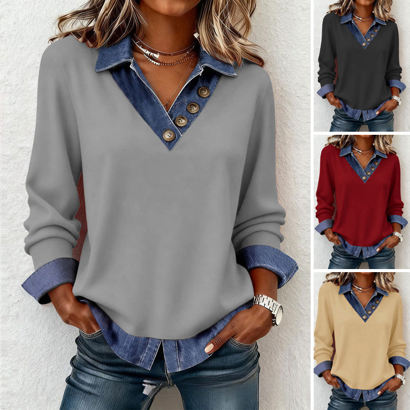 Damen Shirt in Layering-Optik mit Denim-Kragen