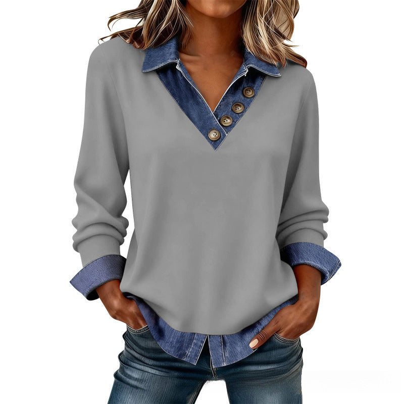 Damen Shirt in Layering-Optik mit Denim-Kragen