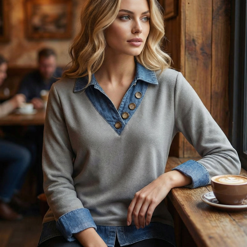 Damen Shirt in Layering-Optik mit Denim-Kragen