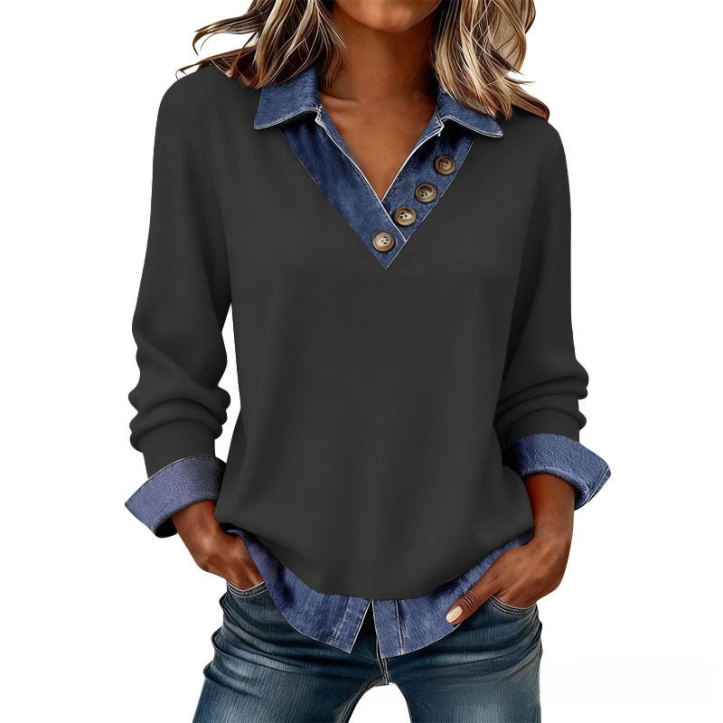 Damen Shirt in Layering-Optik mit Denim-Kragen
