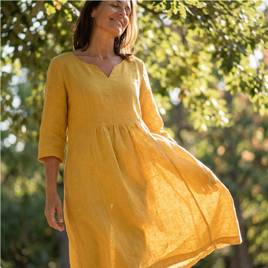 Lässiges V-Ausschnitt Kleid aus Baumwolle und Leinen – 3/4-Ärmel, mit seitlichem Reißverschluss 👗