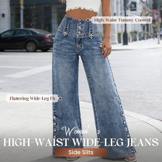 Damen High-Waist Jeans – Weites Bein mit Knopfleiste und Schlitz am Saum👖✨