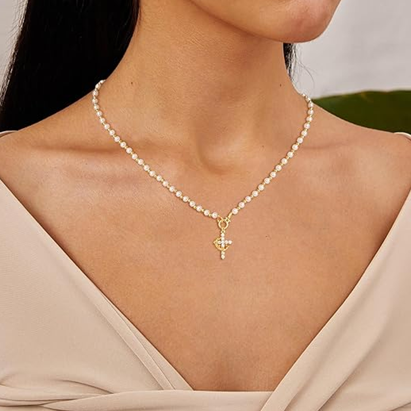 ✨ Zweilagige Perlenkette mit Kreuz-Anhänger – Vintage & schlichtes Design
