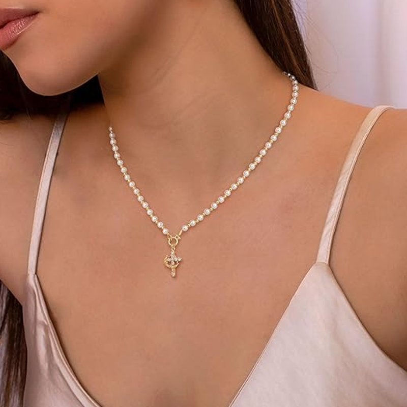✨ Zweilagige Perlenkette mit Kreuz-Anhänger – Vintage & schlichtes Design