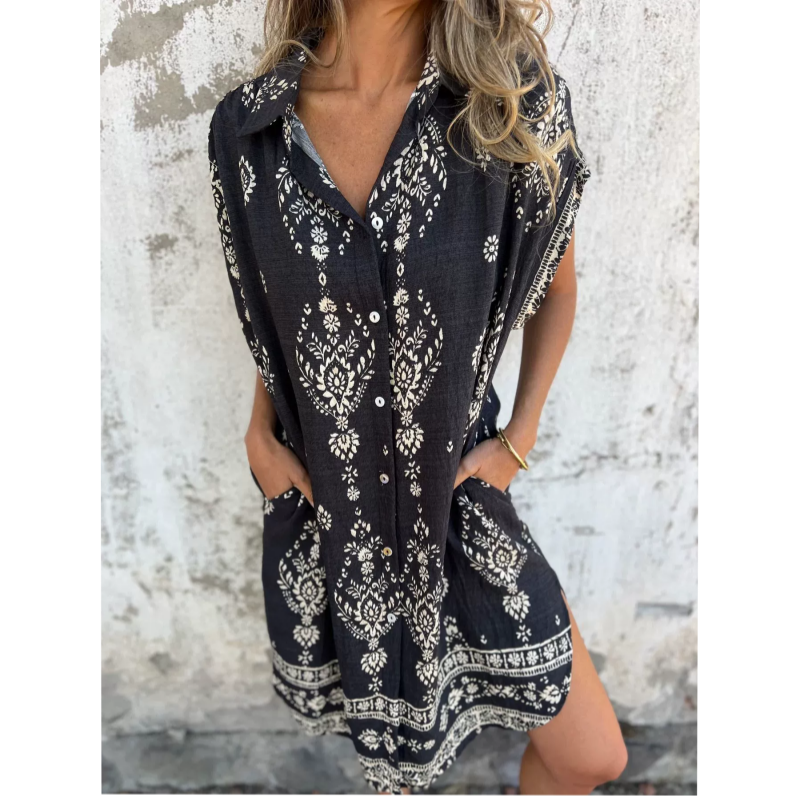 👗🌿 Lockeres Kurzarm-Leinenkleid für Damen – Mit Taschen und Floral-Print, Perfekt für Sommer