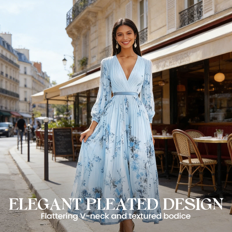🌞Frühlingserwachen: 50% Rabatt!✨ Elegantes Hellblau Floral Maxikleid – V-Ausschnitt, Plissee & Hohe Taille für Fest & Urlaub