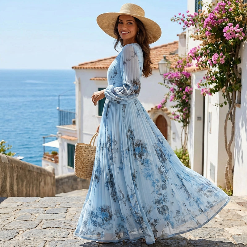 🌞Frühlingserwachen: 50% Rabatt!✨ Elegantes Hellblau Floral Maxikleid – V-Ausschnitt, Plissee & Hohe Taille für Fest & Urlaub