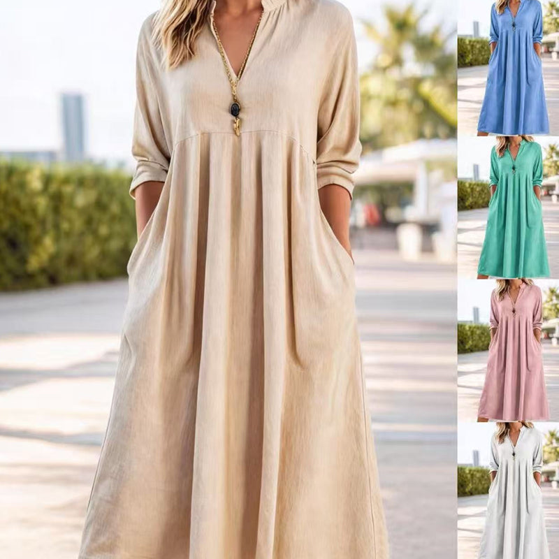 Damen Freizeit V-Ausschnitt Midi Kleid mit Taschen