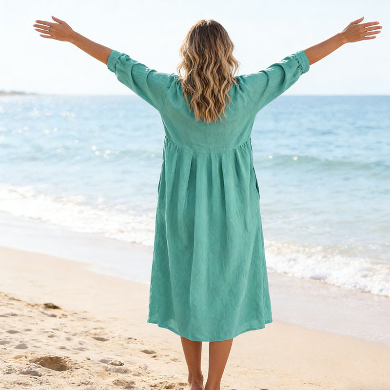 Damen Freizeit V-Ausschnitt Midi Kleid mit Taschen