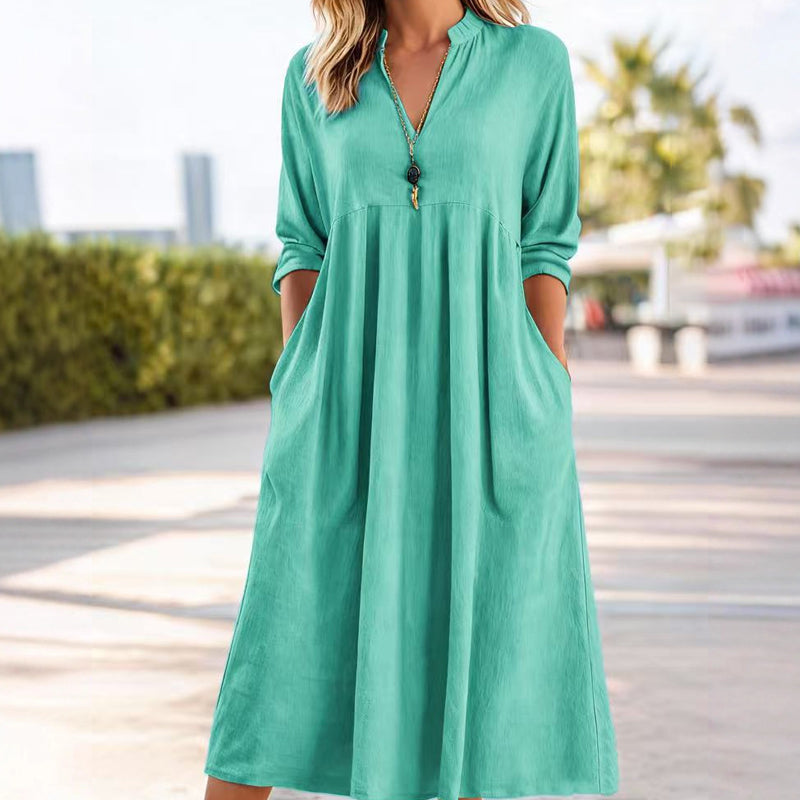 Damen Freizeit V-Ausschnitt Midi Kleid mit Taschen