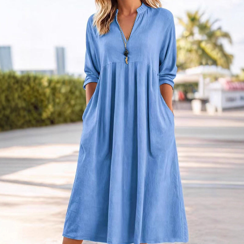 Damen Freizeit V-Ausschnitt Midi Kleid mit Taschen