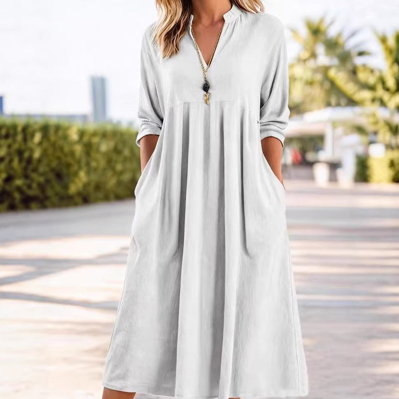 Damen Freizeit V-Ausschnitt Midi Kleid mit Taschen