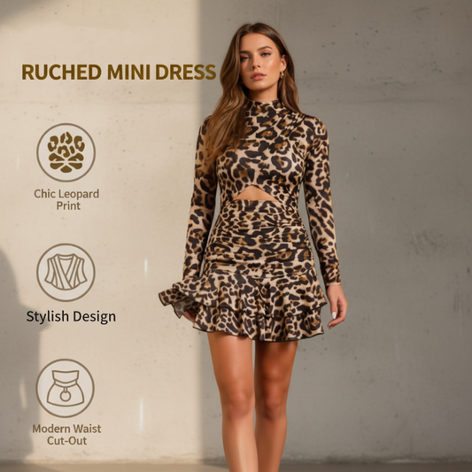 Damen-Minikleid mit Leopardenmuster und Rüschen