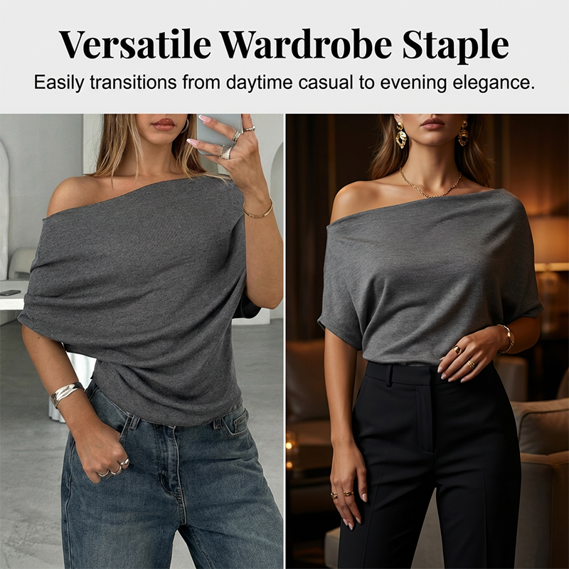 Damen asymmetrisches schulterfreies Oberteil mit Fledermausärmeln