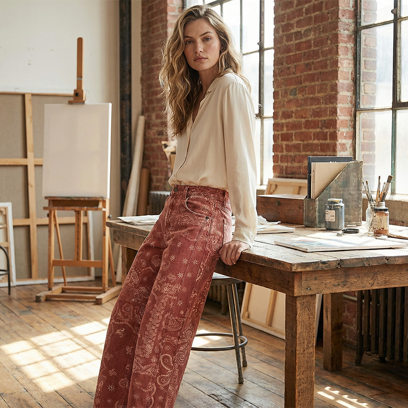 Damen Jeans im weiten Schnitt mit Blumenprint – Hochwertige Palazzo-Hose, Mid-Waist, 7/8 Länge 🌸👖