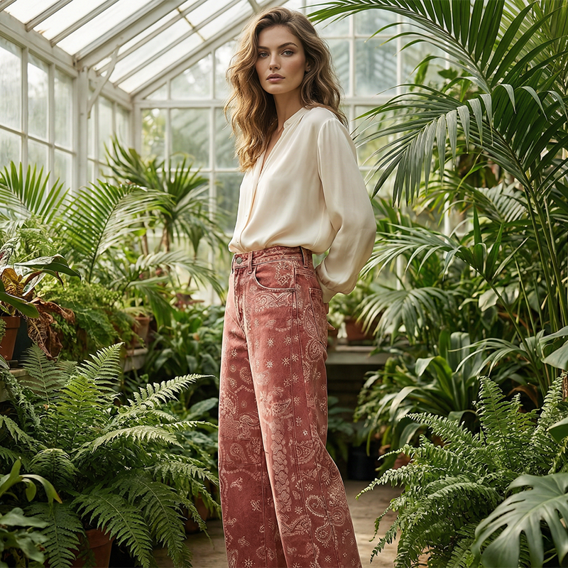 Damen Jeans im weiten Schnitt mit Blumenprint – Hochwertige Palazzo-Hose, Mid-Waist, 7/8 Länge 🌸👖