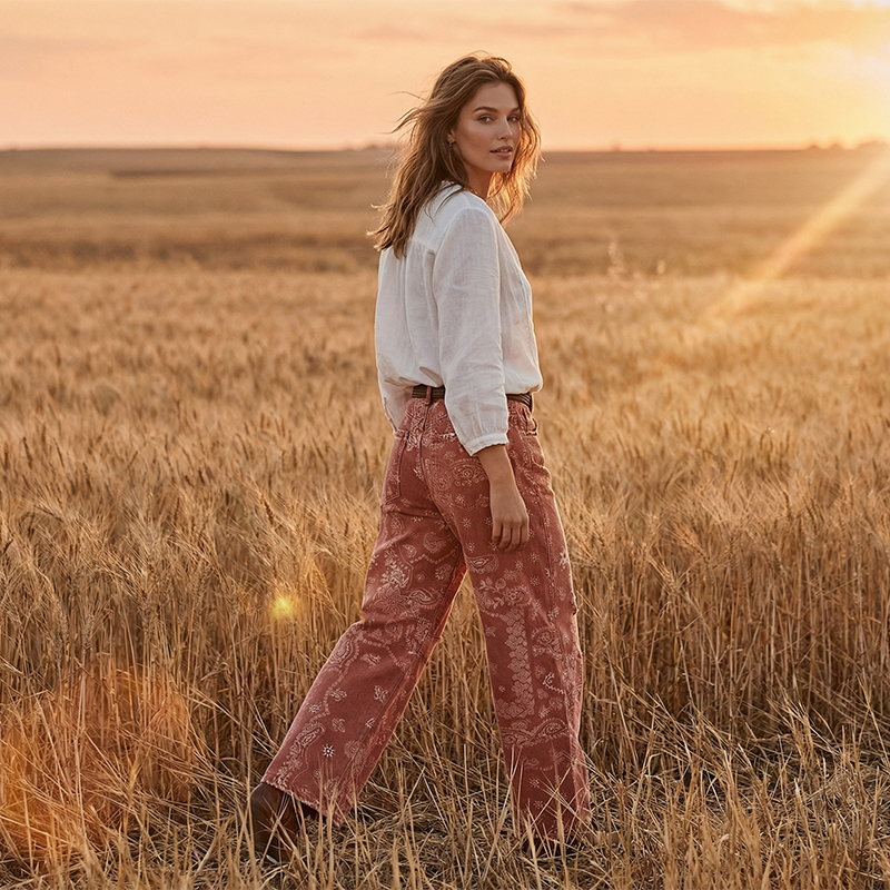 Damen Jeans im weiten Schnitt mit Blumenprint – Hochwertige Palazzo-Hose, Mid-Waist, 7/8 Länge 🌸👖