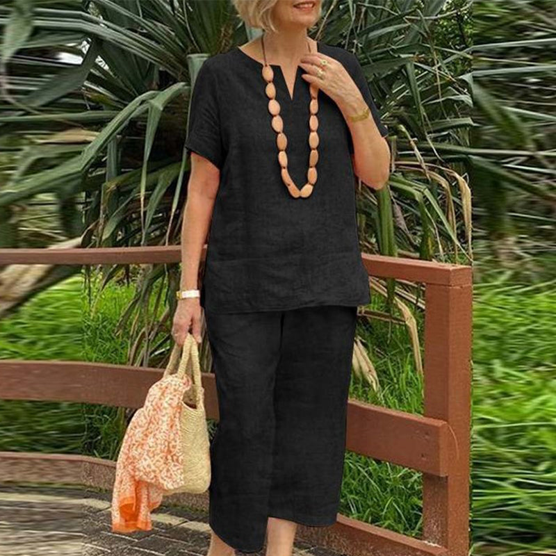 Damen 2-teiliges Freizeit-Set – Kurzarm Hemd & Hose mit Elastikbund, Locker & Bequem