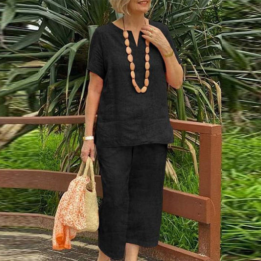 Damen 2-teiliges Freizeit-Set – Kurzarm Hemd & Hose mit Elastikbund, Locker & Bequem