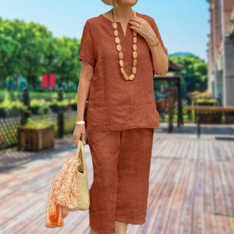 Damen 2-teiliges Freizeit-Set – Kurzarm Hemd & Hose mit Elastikbund, Locker & Bequem