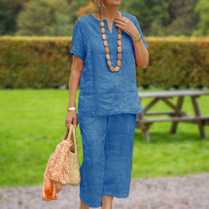 Damen 2-teiliges Freizeit-Set – Kurzarm Hemd & Hose mit Elastikbund, Locker & Bequem