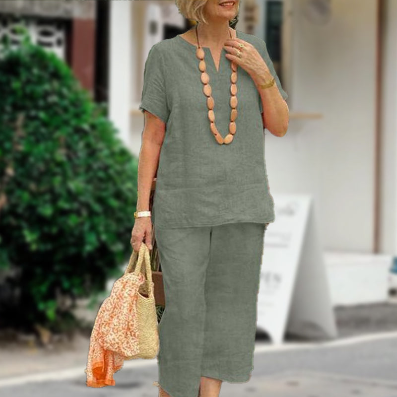 Damen 2-teiliges Freizeit-Set – Kurzarm Hemd & Hose mit Elastikbund, Locker & Bequem