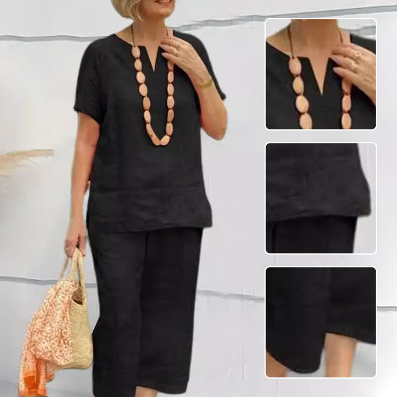 Damen 2-teiliges Freizeit-Set – Kurzarm Hemd & Hose mit Elastikbund, Locker & Bequem