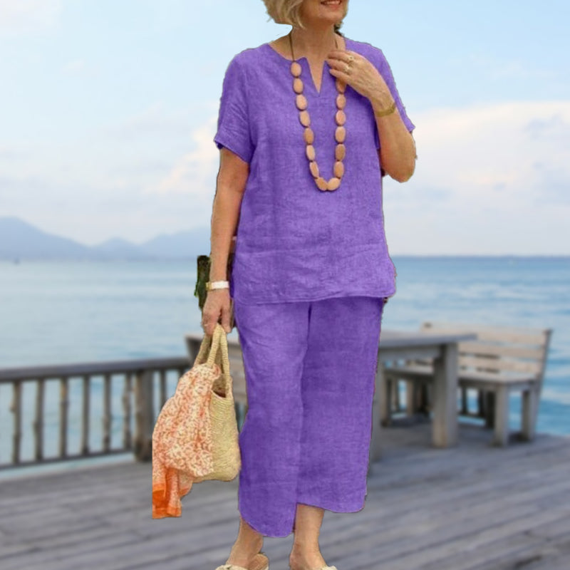 Damen 2-teiliges Freizeit-Set – Kurzarm Hemd & Hose mit Elastikbund, Locker & Bequem