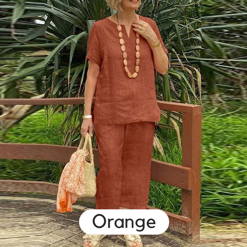 Damen 2-teiliges Freizeit-Set – Kurzarm Hemd & Hose mit Elastikbund, Locker & Bequem