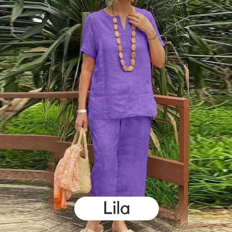 Damen 2-teiliges Freizeit-Set – Kurzarm Hemd & Hose mit Elastikbund, Locker & Bequem