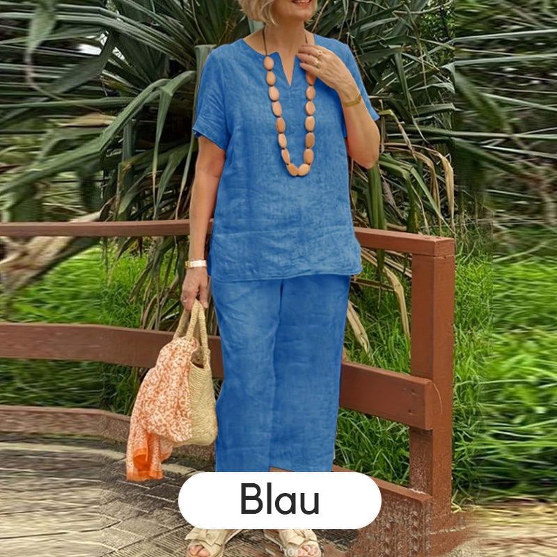 Damen 2-teiliges Freizeit-Set – Kurzarm Hemd & Hose mit Elastikbund, Locker & Bequem