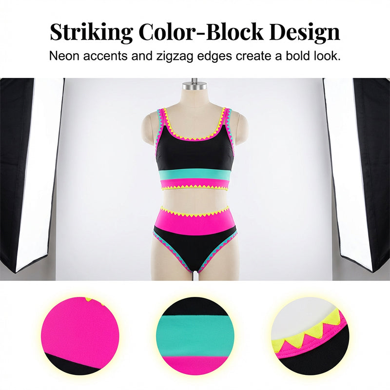 👙🌊 3-teiliges Damen Bikini-Set – Hohe Taille, Color-Block & Zickzack-Design für Strand & Urlaub