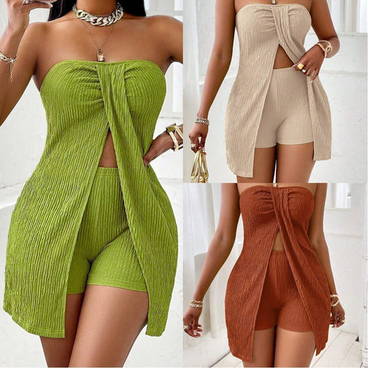 🐰🌸 Oster-Angebot – 50% Rabatt auf alles💖Damen-Zweiteiliges Set: Trägerloses Oberteil mit Schlitzsaum & Shorts