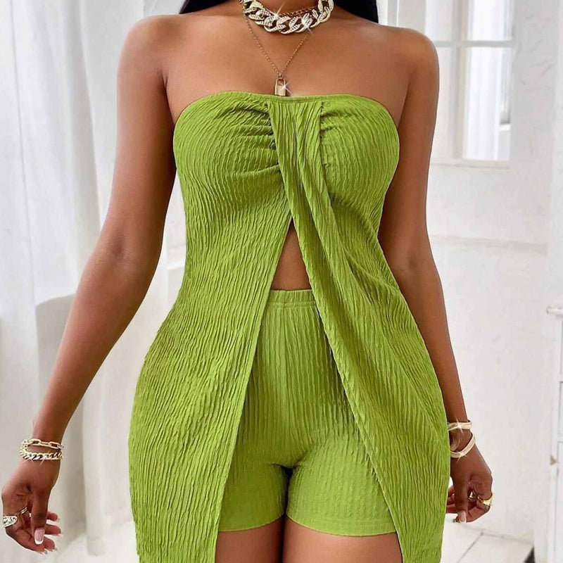🐰🌸 Oster-Angebot – 50% Rabatt auf alles💖Damen-Zweiteiliges Set: Trägerloses Oberteil mit Schlitzsaum & Shorts