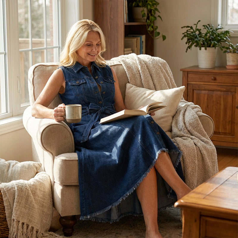 Ärmelloses Jeanskleid mit asymmetrischem Saum