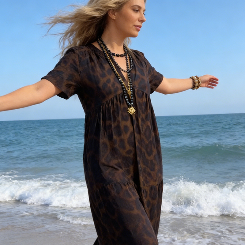 Damen V-Ausschnitt Leopardenmuster Maxikleid📦Kostenloser Versand🔥