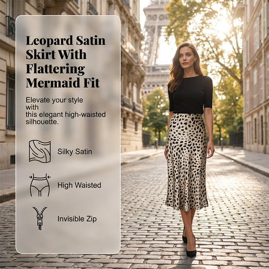 Eleganter Satin Leopardendruck Rock mit Hoher Taille und Schlitz – Schmaler, Unsichtbarer Reißverschluss für Frühling und Sommer